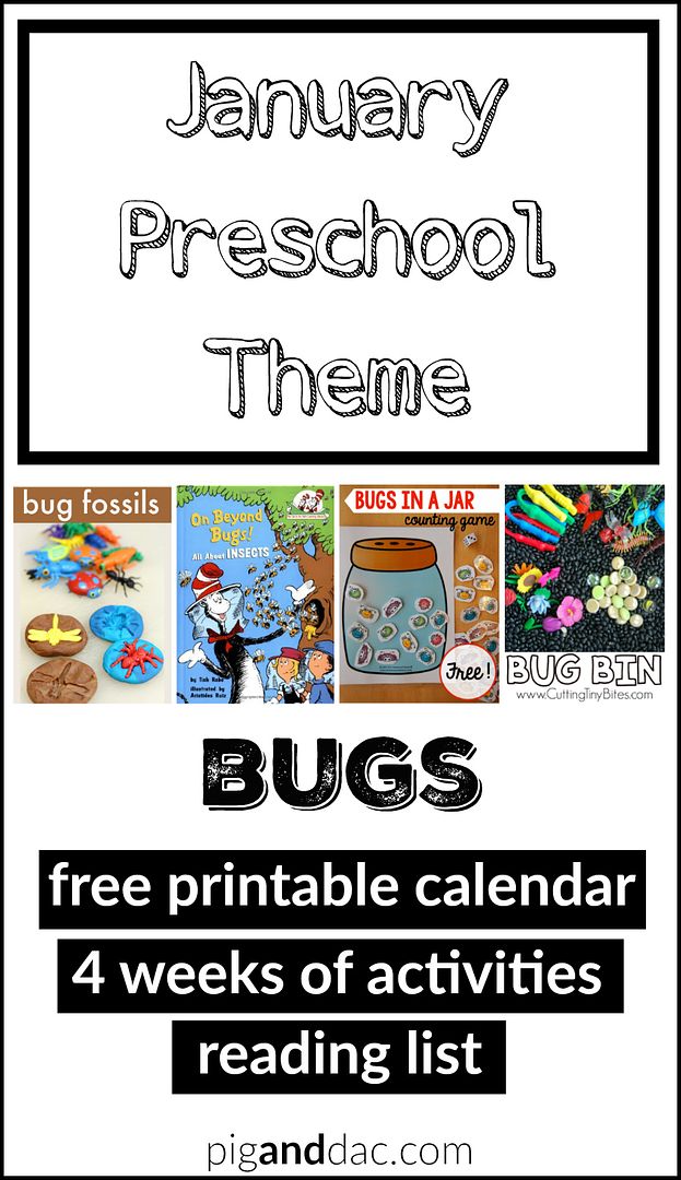 January Preschool Theme - free printable calendar, 4 weeks of activities, videos and books all about bugs