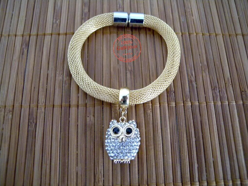Bracciale Ciondolo Gufo Civetta Charms Strass Dorato Chiusura Metallo Donna