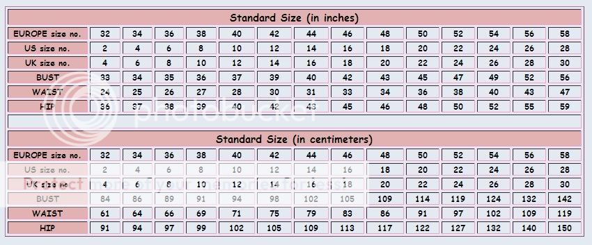 Size Chart For Formal Dresses